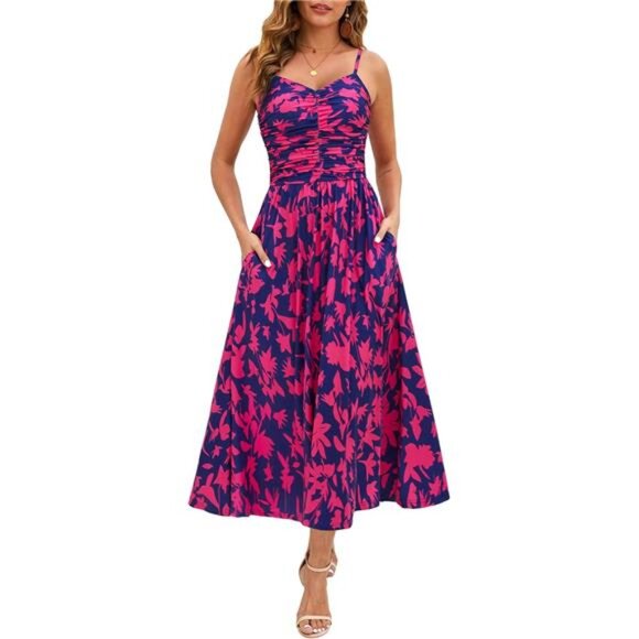 Women Ruched Maxi Dress Adjustable Spaghetti Strap Navy x Pink - Picture 1 of 6